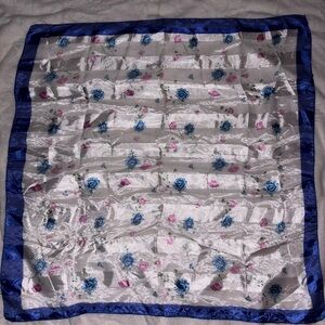 Elegant Floral Sheer Scarf Wrap with Blue Border